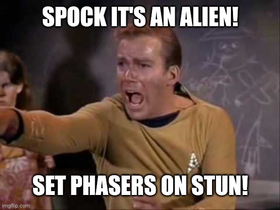 dramatic captain kirk | SPOCK IT'S AN ALIEN! SET PHASERS ON STUN! | image tagged in dramatic captain kirk | made w/ Imgflip meme maker