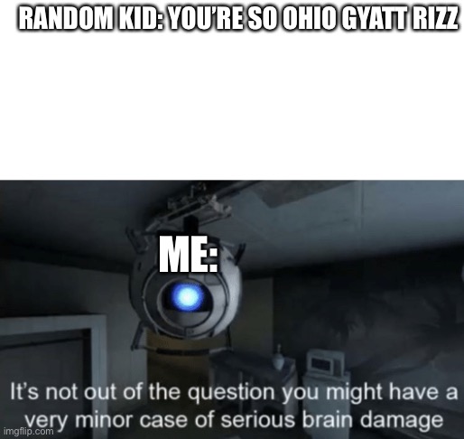 When I first heard these words, I thought the kid was having a brain aneurysm | RANDOM KID: YOU’RE SO OHIO GYATT RIZZ; ME: | image tagged in blank white template,minor case of serious brain damage,memes,stroke,stop reading the tags | made w/ Imgflip meme maker