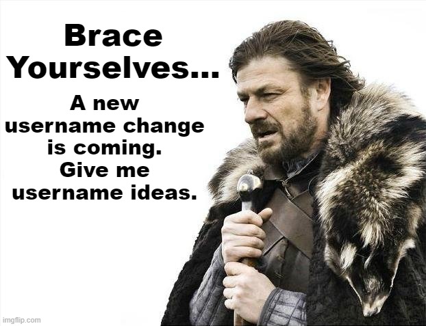 Brace Yourselves X is Coming | Brace Yourselves... A new username change is coming. Give me username ideas. | image tagged in memes,brace yourselves x is coming | made w/ Imgflip meme maker