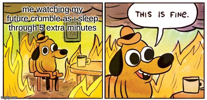 This Is Fine Meme | me watching my future crumble as i sleep through 5 extra minutes | image tagged in memes,this is fine | made w/ Imgflip meme maker