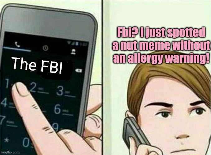 Quick. Call 991 or whatever. | Fbi? I just spotted a nut meme without an allergy warning! The FBI | image tagged in calling 911,nuts,memes,stop it get some help | made w/ Imgflip meme maker