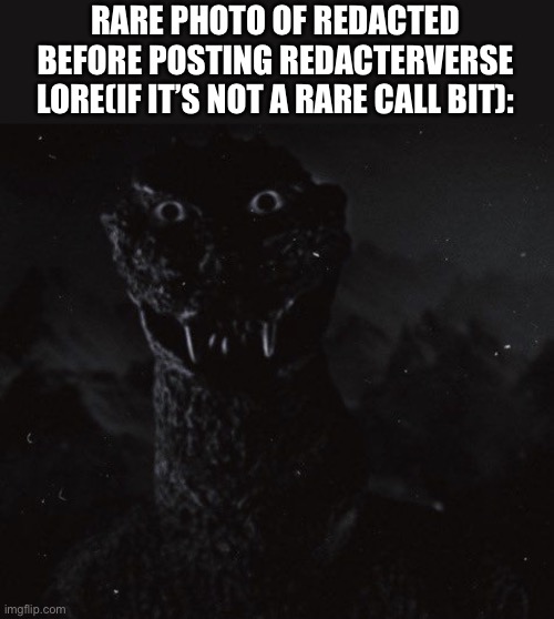 Godzilla with human eyes | RARE PHOTO OF REDACTED BEFORE POSTING REDACTERVERSE LORE(IF IT’S NOT A RARE CALL BIT): | image tagged in godzilla with human eyes | made w/ Imgflip meme maker