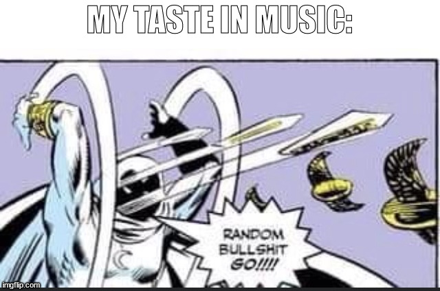 Random Bullshit Go | MY TASTE IN MUSIC: | image tagged in random bullshit go | made w/ Imgflip meme maker
