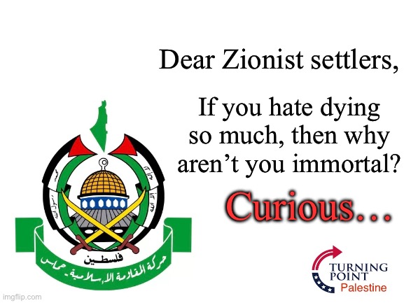 Here’s a low-effort meme I concocted in less than 5 minutes | Dear Zionist settlers, If you hate dying so much, then why aren’t you immortal? Curious… | image tagged in blank white template | made w/ Imgflip meme maker