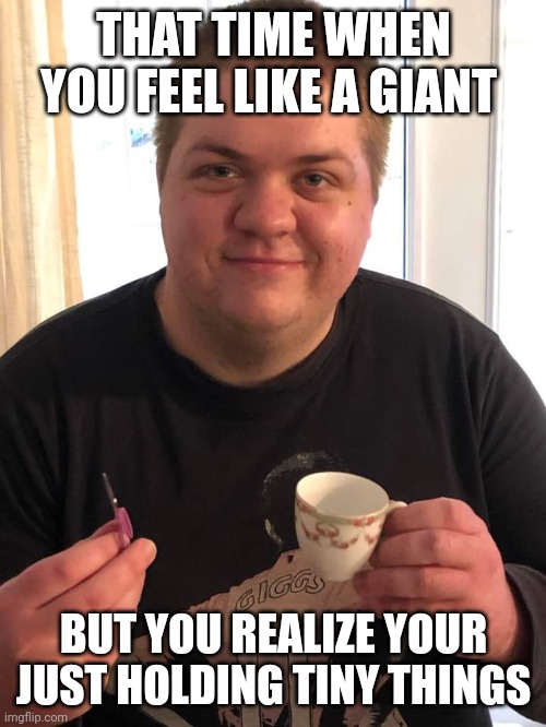 Feeling Like A Giant | THAT TIME WHEN YOU FEEL LIKE A GIANT; BUT YOU REALIZE YOUR JUST HOLDING TINY THINGS | image tagged in funny | made w/ Imgflip meme maker