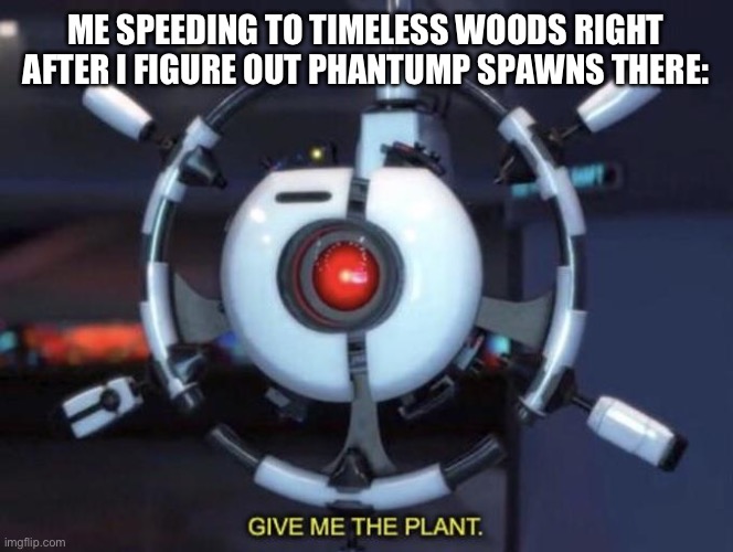G I V E | ME SPEEDING TO TIMELESS WOODS RIGHT AFTER I FIGURE OUT PHANTUMP SPAWNS THERE: | image tagged in give me the plant | made w/ Imgflip meme maker