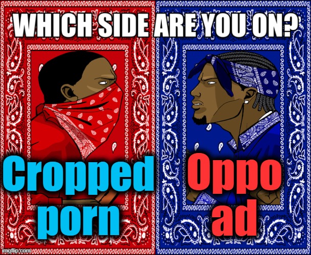 WHICH SIDE ARE YOU ON? | Cropped porn Oppo ad | image tagged in which side are you on | made w/ Imgflip meme maker