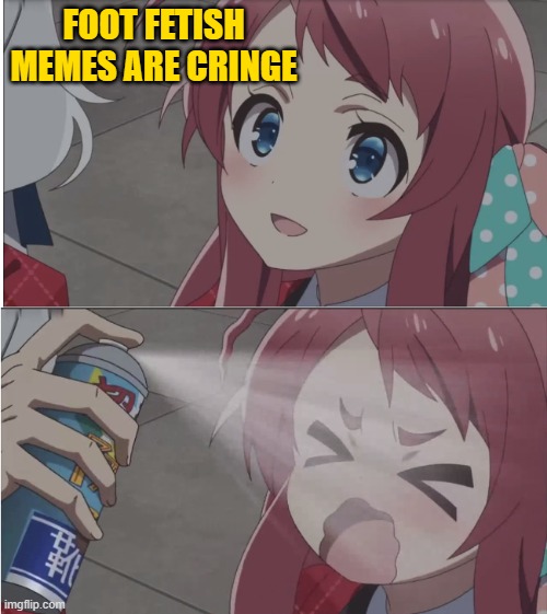 Zombieland saga spray meme FULL | FOOT FETISH MEMES ARE CRINGE | image tagged in zombieland saga spray meme full | made w/ Imgflip meme maker