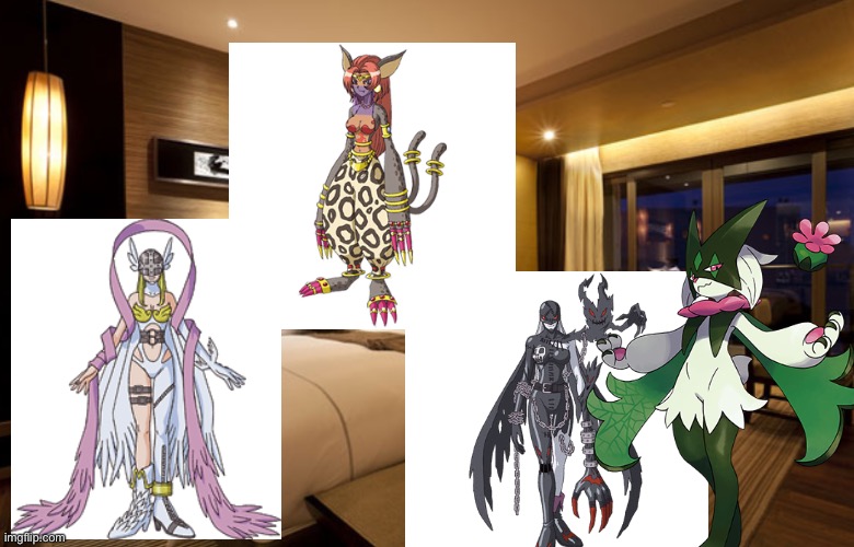 Meowscarada and Friends having a party in their hotel room | image tagged in hotel room,pokemon,digimon,crossover | made w/ Imgflip meme maker