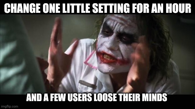 Loose Their Minds | CHANGE ONE LITTLE SETTING FOR AN HOUR; AND A FEW USERS LOOSE THEIR MINDS | image tagged in loose their minds | made w/ Imgflip meme maker