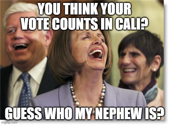 Pelosi Laughing | YOU THINK YOUR VOTE COUNTS IN CALI? GUESS WHO MY NEPHEW IS? | image tagged in pelosi laughing | made w/ Imgflip meme maker