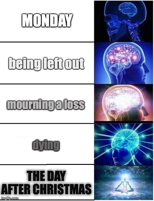 haha depression levels | MONDAY; being left out; mourning a loss; dying; THE DAY AFTER CHRISTMAS | image tagged in expanding brain 5 panel,sad,fun,funny | made w/ Imgflip meme maker