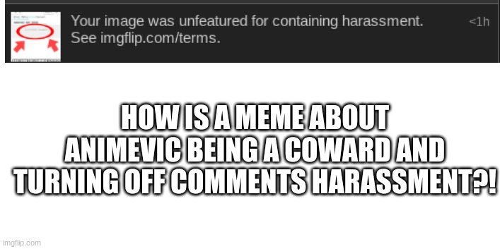Bruh (Btw I can't comment for two days because I offended someone with a Dark Humor joke)(batim:s-mods are woke) | HOW IS A MEME ABOUT ANIMEVIC BEING A COWARD AND TURNING OFF COMMENTS HARASSMENT?! | image tagged in dumb mods | made w/ Imgflip meme maker