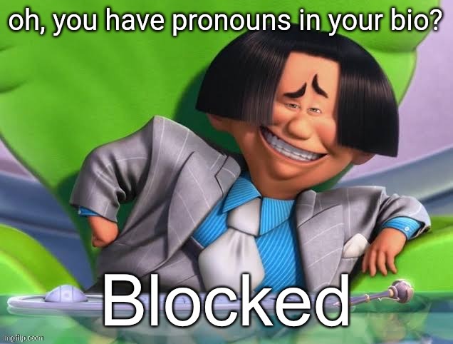 Oh you’re x blocked | oh, you have pronouns in your bio? | image tagged in oh you re x blocked | made w/ Imgflip meme maker