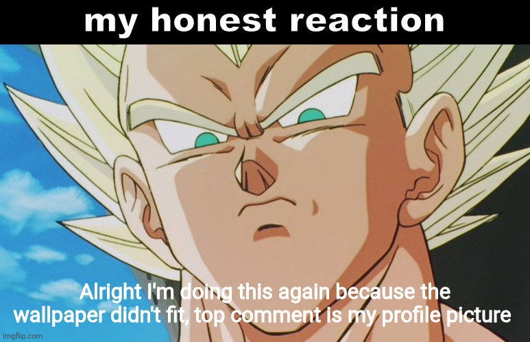 Yuh | Alright I'm doing this again because the wallpaper didn't fit, top comment is my profile picture | image tagged in vegeta my honest reaction | made w/ Imgflip meme maker