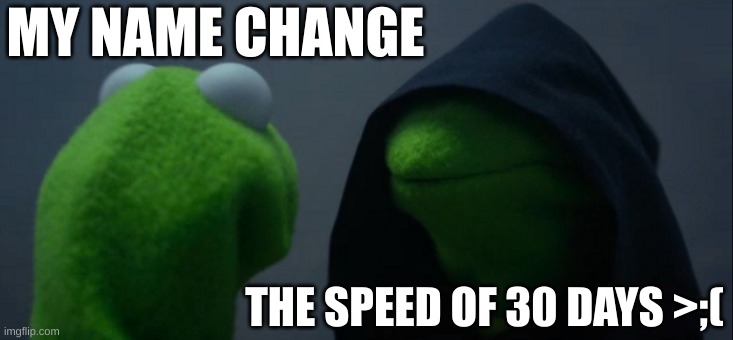speed of name change | MY NAME CHANGE; THE SPEED OF 30 DAYS >;( | image tagged in memes,evil kermit | made w/ Imgflip meme maker