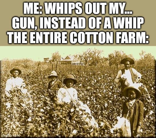 "Man you are taking slªvery way too far ? ☠️ ? ☠️" | ME: WHIPS OUT MY... GUN, INSTEAD OF A WHIP
THE ENTIRE COTTON FARM: | image tagged in cotton slaves,memes,slavery | made w/ Imgflip meme maker