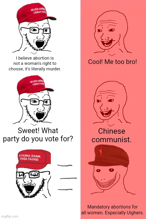 MAGA bros and Chinese communists believe abortion is murder and not a woman's right to choose but not for the same reasons | Cool! Me too bro! I believe abortion is not a woman's right to choose, it's literally murder. Sweet! What party do you vote for? Chinese communist. Mandatory abortions for all women. Especially Uighers. | image tagged in political compass,abortion,communism,china,dark humor | made w/ Imgflip meme maker