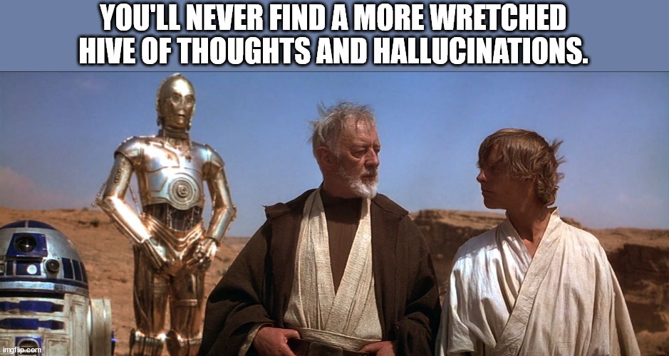 Wretched Brain | YOU'LL NEVER FIND A MORE WRETCHED HIVE OF THOUGHTS AND HALLUCINATIONS. | image tagged in obi wan kenobi mos eisley scum villainy 02 | made w/ Imgflip meme maker