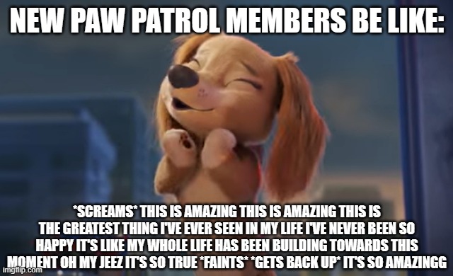 Liberty in a nutshell | NEW PAW PATROL MEMBERS BE LIKE:; *SCREAMS* THIS IS AMAZING THIS IS AMAZING THIS IS THE GREATEST THING I'VE EVER SEEN IN MY LIFE I'VE NEVER BEEN SO HAPPY IT'S LIKE MY WHOLE LIFE HAS BEEN BUILDING TOWARDS THIS MOMENT OH MY JEEZ IT'S SO TRUE *FAINTS* *GETS BACK UP* IT'S SO AMAZINGG | image tagged in paw patrol,adventure city | made w/ Imgflip meme maker