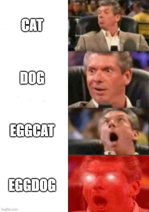 egg dog its best | CAT; DOG; EGGCAT; EGGDOG | image tagged in mr mcmahon reaction | made w/ Imgflip meme maker