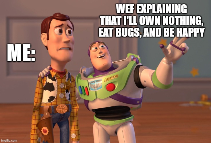 X, X Everywhere Meme | WEF EXPLAINING THAT I'LL OWN NOTHING, EAT BUGS, AND BE HAPPY; ME: | image tagged in memes,x x everywhere | made w/ Imgflip meme maker