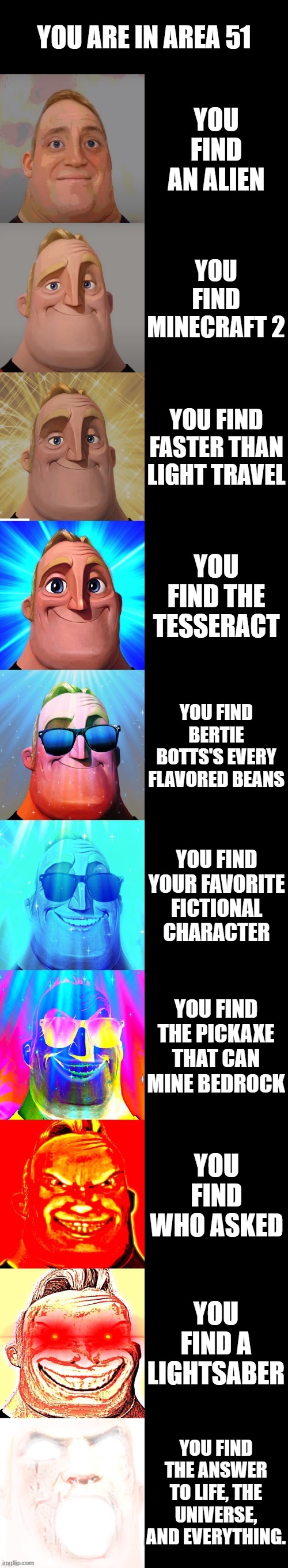 mr incredible becoming canny | YOU ARE IN AREA 51; YOU FIND AN ALIEN; YOU FIND MINECRAFT 2; YOU FIND FASTER THAN LIGHT TRAVEL; YOU FIND THE TESSERACT; YOU FIND BERTIE BOTTS'S EVERY FLAVORED BEANS; YOU FIND YOUR FAVORITE FICTIONAL CHARACTER; YOU FIND THE PICKAXE THAT CAN MINE BEDROCK; YOU FIND WHO ASKED; YOU FIND A LIGHTSABER; YOU FIND THE ANSWER TO LIFE, THE UNIVERSE, AND EVERYTHING. | image tagged in mr incredible becoming canny | made w/ Imgflip meme maker