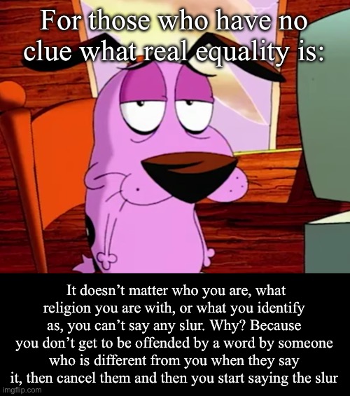 Because then it isn’t equality anymore, it’s privilege | For those who have no clue what real equality is:; It doesn’t matter who you are, what religion you are with, or what you identify as, you can’t say any slur. Why? Because you don’t get to be offended by a word by someone who is different from you when they say it, then cancel them and then you start saying the slur | image tagged in unamused courage | made w/ Imgflip meme maker