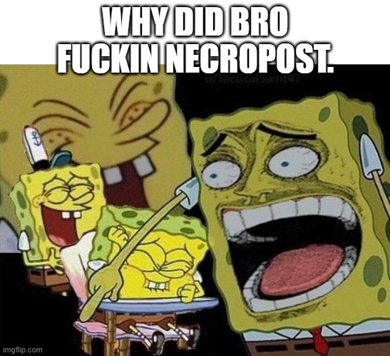 Spongebob laughing | WHY DID BRO FUCKIN NECROPOST. | image tagged in spongebob laughing | made w/ Imgflip meme maker