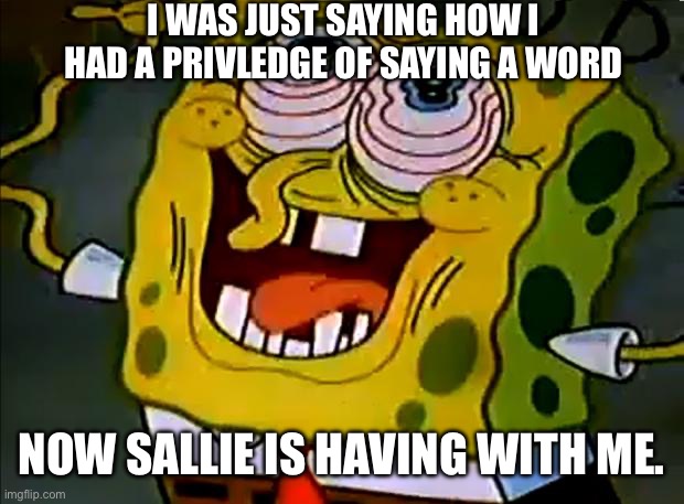 this image is politely asking if we can both drop this. if you do i will admit i was wrong | I WAS JUST SAYING HOW I HAD A PRIVLEDGE OF SAYING A WORD; NOW SALLIE IS HAVING WITH ME. | image tagged in musically insane spongebob | made w/ Imgflip meme maker