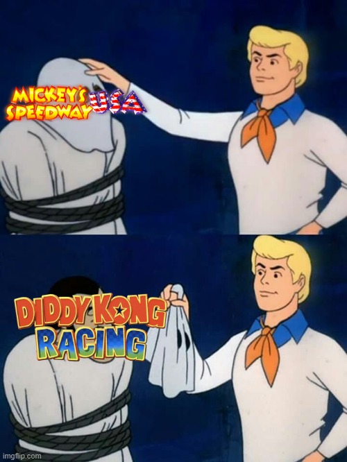 When a game uses the same engine. | image tagged in scooby doo mask reveal,mickey speedway usa,diddy kong racing,n64,disney,rare ltd | made w/ Imgflip meme maker