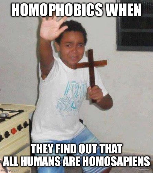 We’re all homo | HOMOPHOBICS WHEN; THEY FIND OUT THAT ALL HUMANS ARE HOMOSAPIENS | image tagged in kid with cross | made w/ Imgflip meme maker