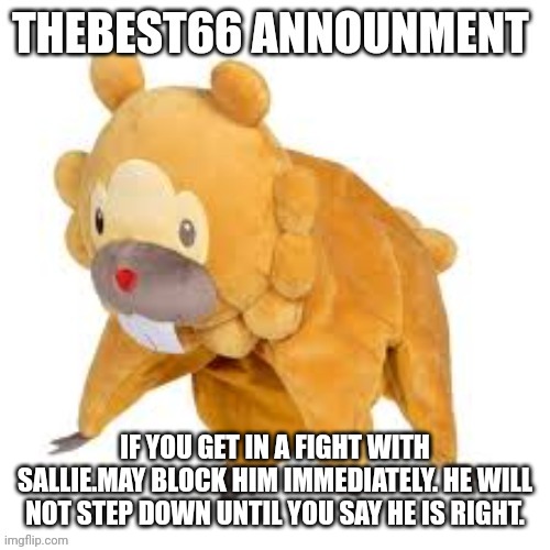 Please don't use | IF YOU GET IN A FIGHT WITH SALLIE.MAY BLOCK HIM IMMEDIATELY. HE WILL NOT STEP DOWN UNTIL YOU SAY HE IS RIGHT. | image tagged in please don't use | made w/ Imgflip meme maker