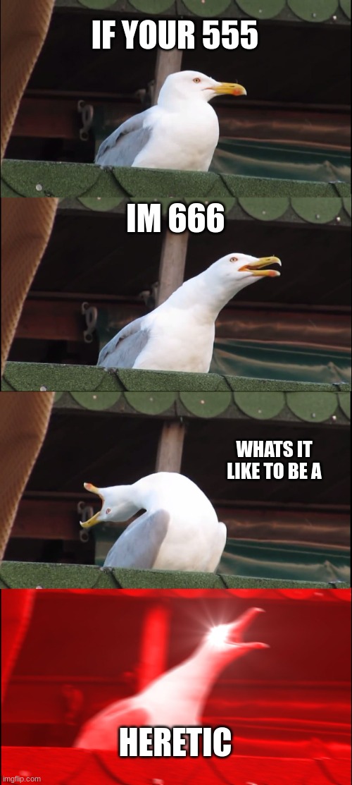 Inhaling Seagull | IF YOUR 555; IM 666; WHATS IT LIKE TO BE A; HERETIC | image tagged in memes,inhaling seagull,slipknot | made w/ Imgflip meme maker