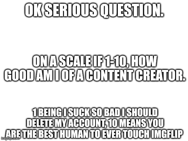 I need feedback | OK SERIOUS QUESTION. ON A SCALE IF 1-10, HOW GOOD AM I OF A CONTENT CREATOR. 1 BEING I SUCK SO BAD I SHOULD DELETE MY ACCOUNT, 10 MEANS YOU ARE THE BEST HUMAN TO EVER TOUCH IMGFLIP | image tagged in feedback,question | made w/ Imgflip meme maker