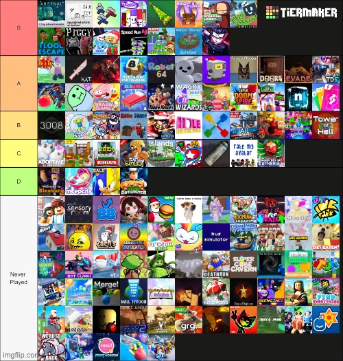 Just rated 120+ Roblox games! Thanks to CinnaBox for making the list! Link in comments. | image tagged in memes,funny,relatable,roblox,tier list,games | made w/ Imgflip meme maker
