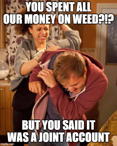 Money well spent | YOU SPENT ALL OUR MONEY ON WEED?!? BUT YOU SAID IT WAS A JOINT ACCOUNT | image tagged in battered husband | made w/ Imgflip meme maker