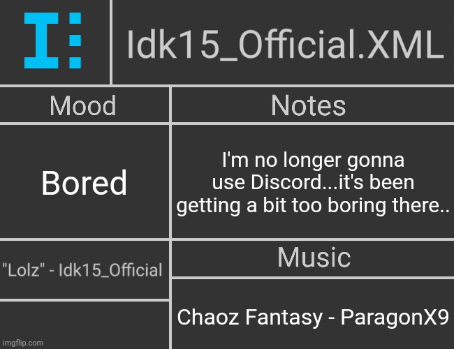 Don't expect me to be on Discord anymore | Bored; I'm no longer gonna use Discord...it's been getting a bit too boring there.. Chaoz Fantasy - ParagonX9 | image tagged in idk15_official xml's 2nd revived template | made w/ Imgflip meme maker