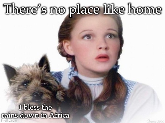 Kansas vs Africa | There’s no place like home; I bless the rains down in Africa | image tagged in dorothy and toto,africa,toto,home | made w/ Imgflip meme maker