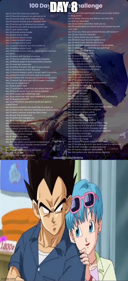 Day 8: Bulma and Vegeta | DAY 8 | image tagged in 100 day anime challenge | made w/ Imgflip meme maker