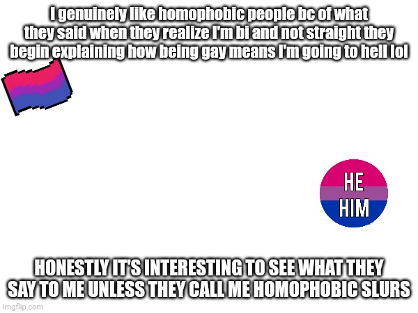 Honest opinion | I genuinely like homophobic people bc of what they said when they realize I'm bi and not straight they begin explaining how being gay means I'm going to hell lol; HONESTLY IT'S INTERESTING TO SEE WHAT THEY SAY TO ME UNLESS THEY CALL ME HOMOPHOBIC SLURS | image tagged in bisexual | made w/ Imgflip meme maker