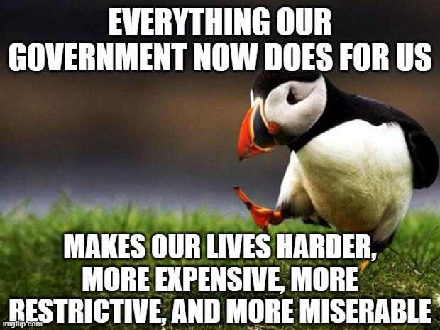 Unpopular Opinion Puffin | EVERYTHING OUR GOVERNMENT NOW DOES FOR US; MAKES OUR LIVES HARDER, MORE EXPENSIVE, MORE RESTRICTIVE, AND MORE MISERABLE | image tagged in memes,unpopular opinion puffin | made w/ Imgflip meme maker