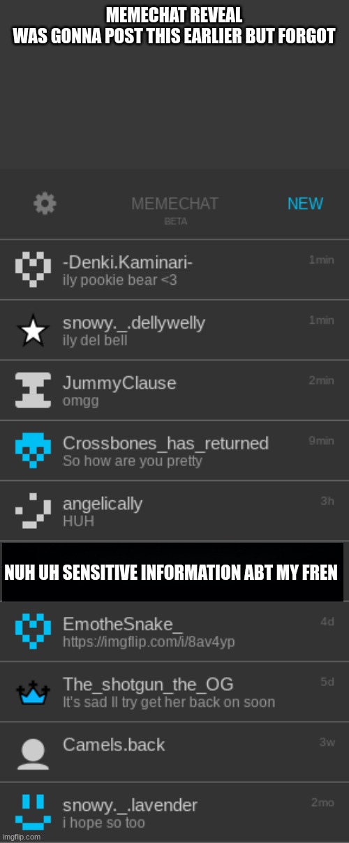 MEMECHAT REVEAL

WAS GONNA POST THIS EARLIER BUT FORGOT; NUH UH SENSITIVE INFORMATION ABT MY FREN | made w/ Imgflip meme maker