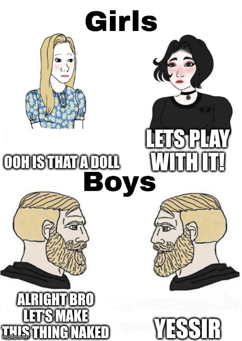 boys vs girls doll edition | OOH IS THAT A DOLL; LETS PLAY WITH IT! YESSIR; ALRIGHT BRO LET'S MAKE THIS THING NAKED | image tagged in girls vs boys | made w/ Imgflip meme maker