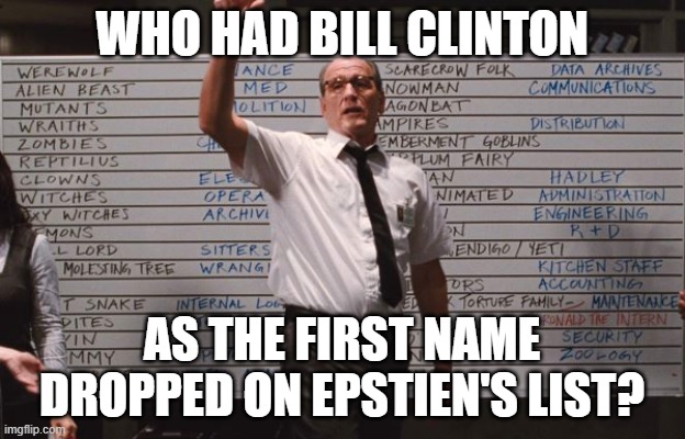 Cabin the the woods | WHO HAD BILL CLINTON; AS THE FIRST NAME DROPPED ON EPSTIEN'S LIST? | image tagged in cabin the the woods | made w/ Imgflip meme maker