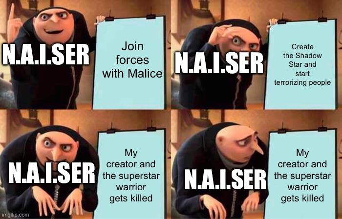 ShadowStar plot: | Join forces with Malice; Create the Shadow Star and start terrorizing people; N.A.I.SER; N.A.I.SER; My creator and the superstar warrior gets killed; My creator and the superstar warrior gets killed; N.A.I.SER; N.A.I.SER | image tagged in memes,gru's plan | made w/ Imgflip meme maker