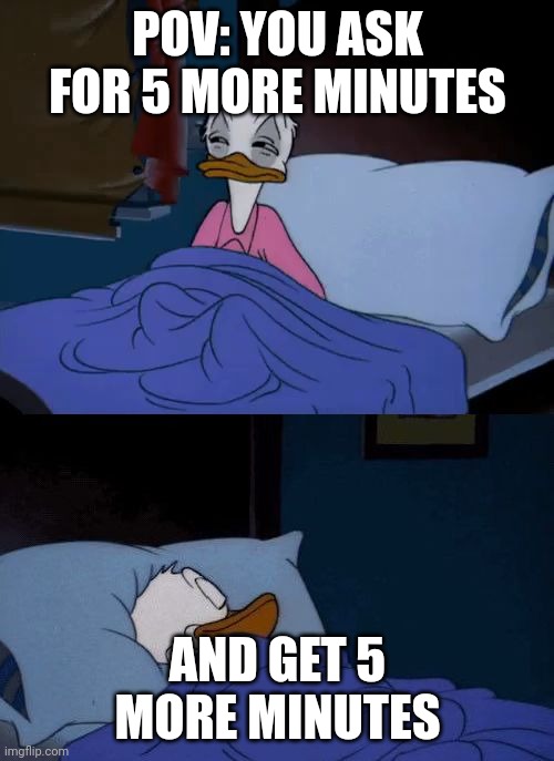 If only this were true | POV: YOU ASK FOR 5 MORE MINUTES; AND GET 5 MORE MINUTES | image tagged in donald duck wake up,funny,memes,food,cats,duck | made w/ Imgflip meme maker