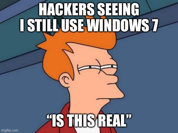 Futurama Fry | HACKERS SEEING I STILL USE WINDOWS 7; “IS THIS REAL” | image tagged in memes,futurama fry | made w/ Imgflip meme maker