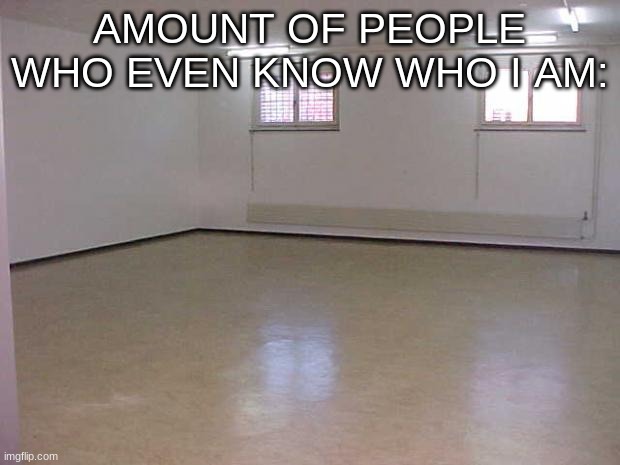 self slander #1 | AMOUNT OF PEOPLE WHO EVEN KNOW WHO I AM: | image tagged in empty room | made w/ Imgflip meme maker