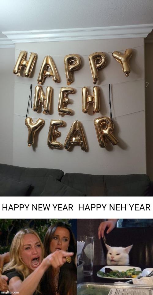 Happy Neh Year | HAPPY NEW YEAR; HAPPY NEH YEAR | image tagged in memes,woman yelling at cat,you had one job,happy new year,year,new | made w/ Imgflip meme maker